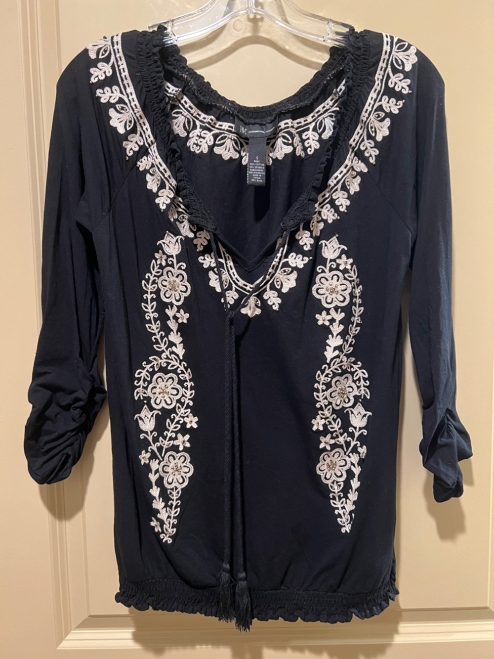 INC International Concepts Black Tunic with White Floral Embroidery